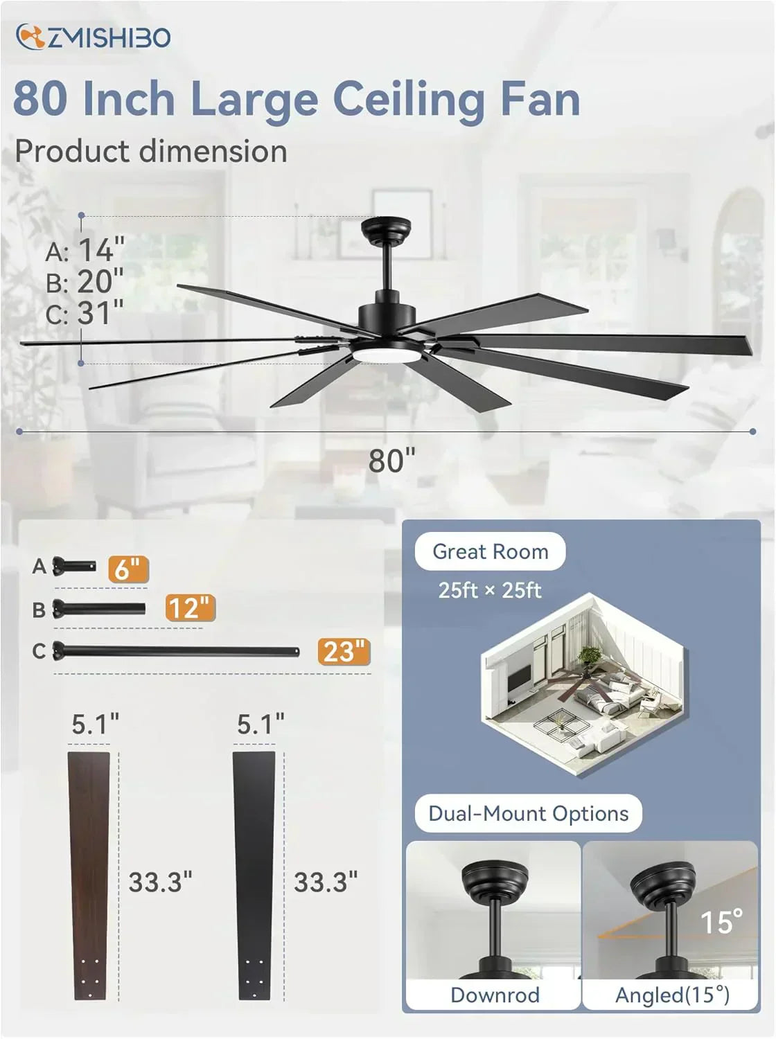 Zmishibo 72-inch large ceiling fan with lighting and remote indoor/outdoor wourant