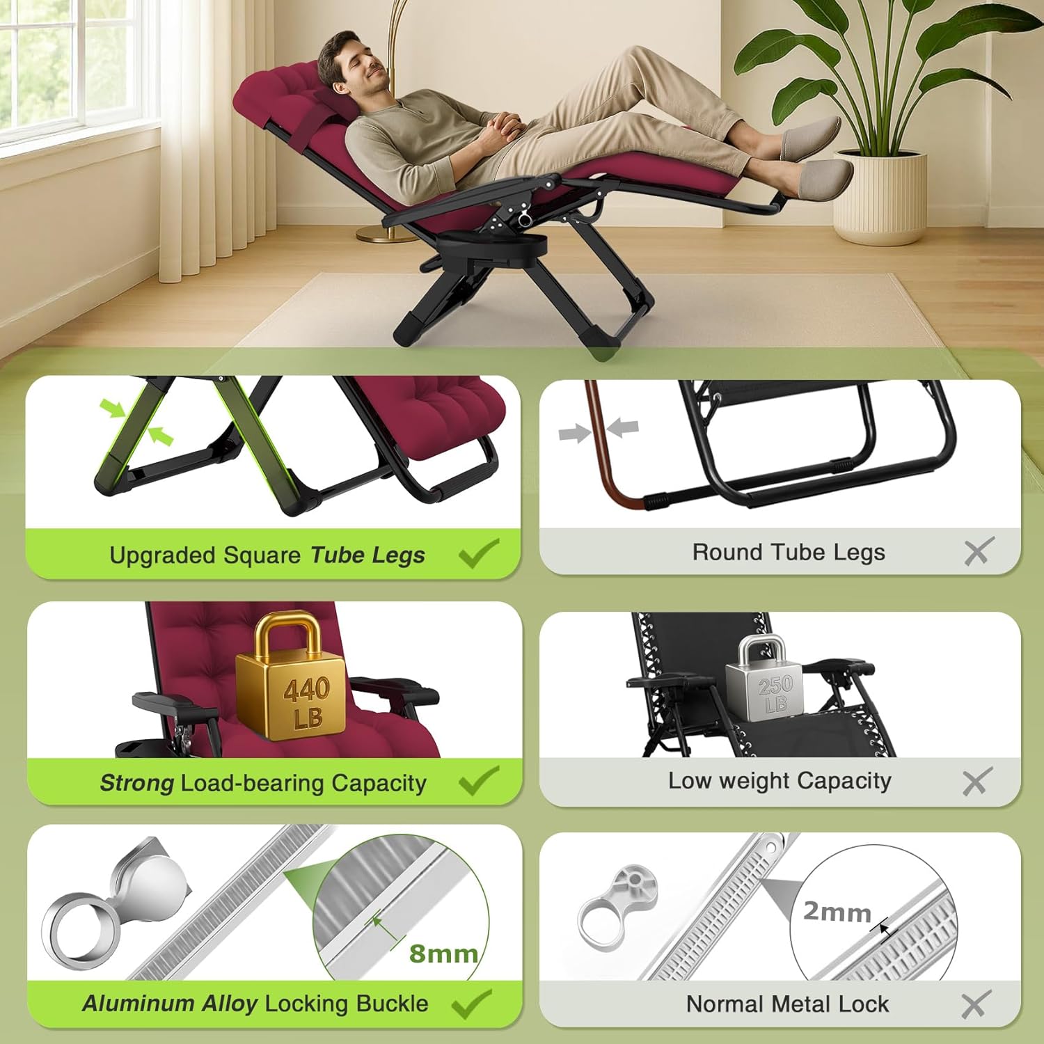 Indoor and outdoor patio chair folding lounge chair zero gravity chair with removable cushion camping lounge chair wourant