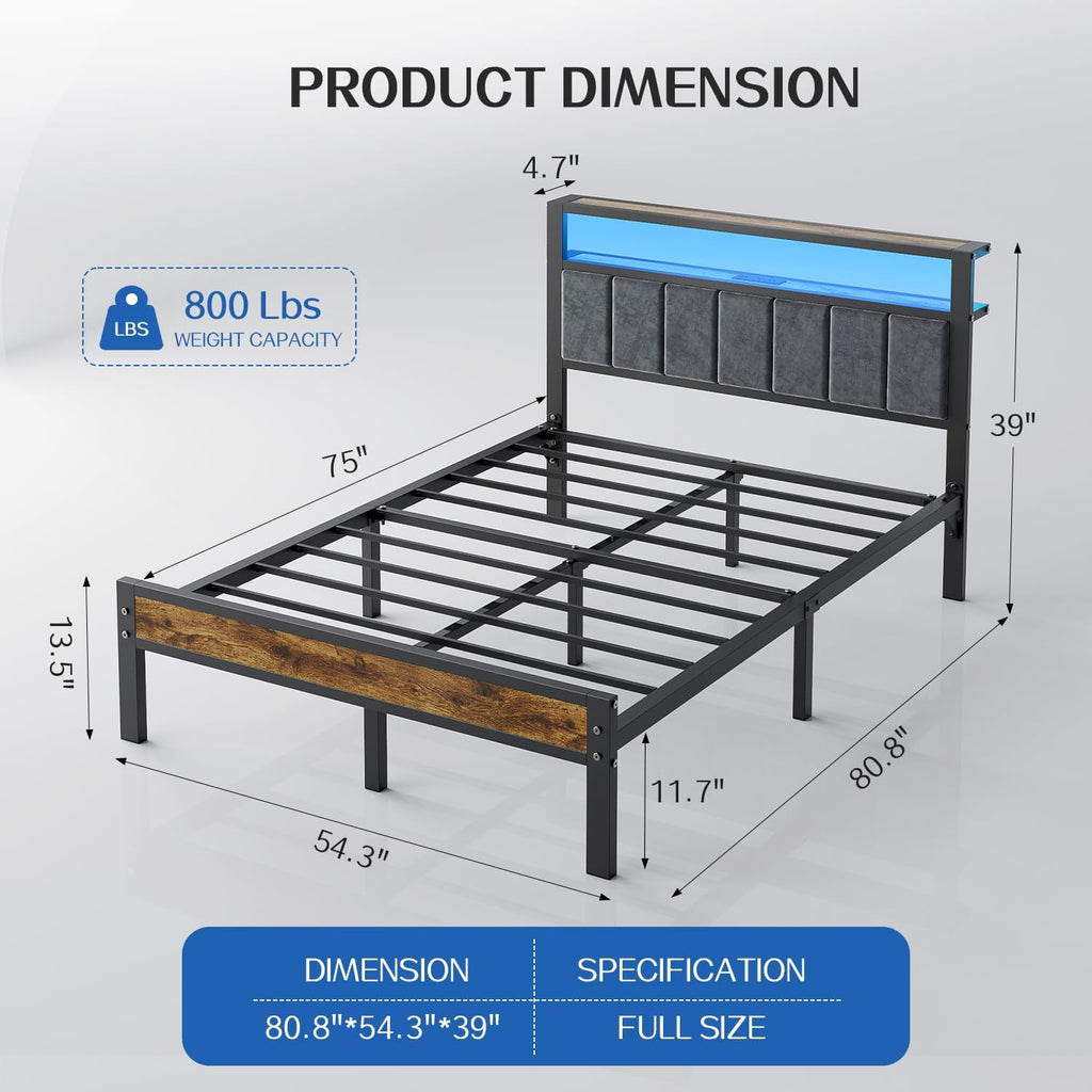 Queen Size Bed Frame with 2-Tier Storage Shelves Headboard Platform Bed Charging Station wourant