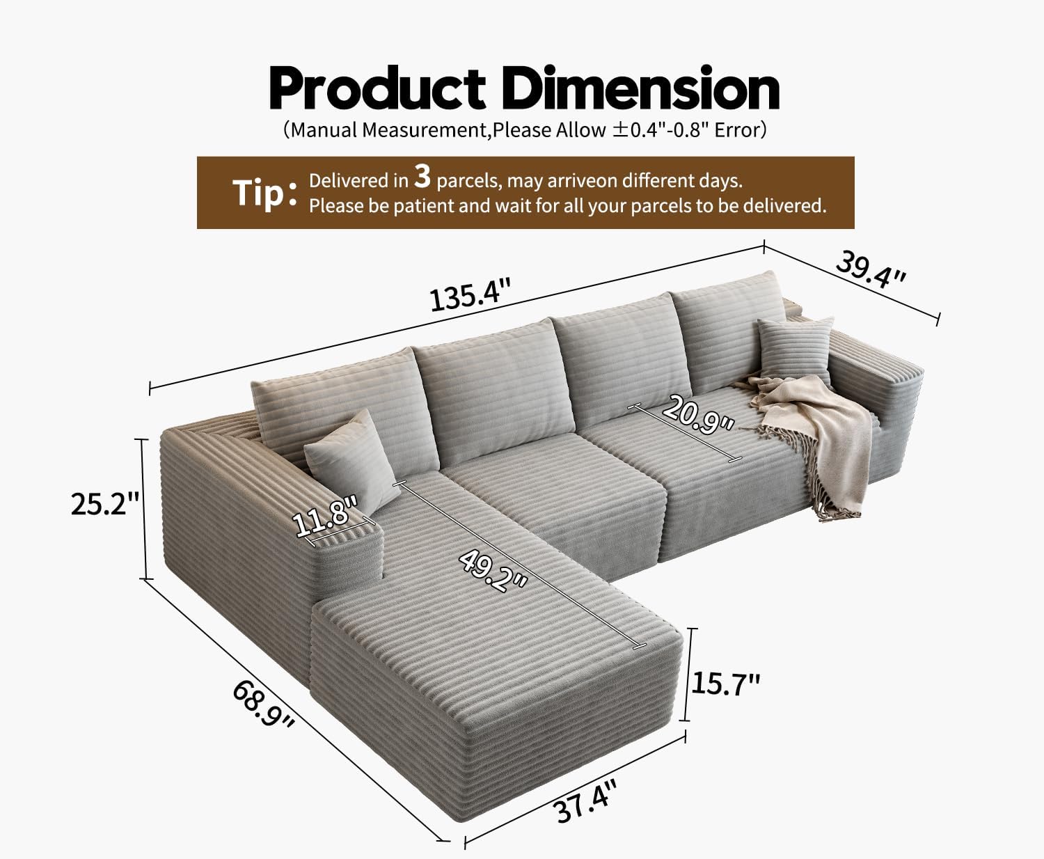 107.5 inch Cloud Modular Sectional Sofa with L-Shaped Chaise Lounge, Modern Minimalist Upholstered Sofa Deep Seating Corner Sofa wourant