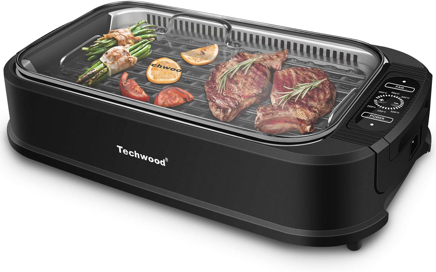 Indoor Grill, Techwood 1500W Smokeless Electric Grill with Tempered Glass Lid, Compact & Portable Non-Stick BBQ Grill with 6-Level Control, Dishwasher Safe, Black woonhhop
