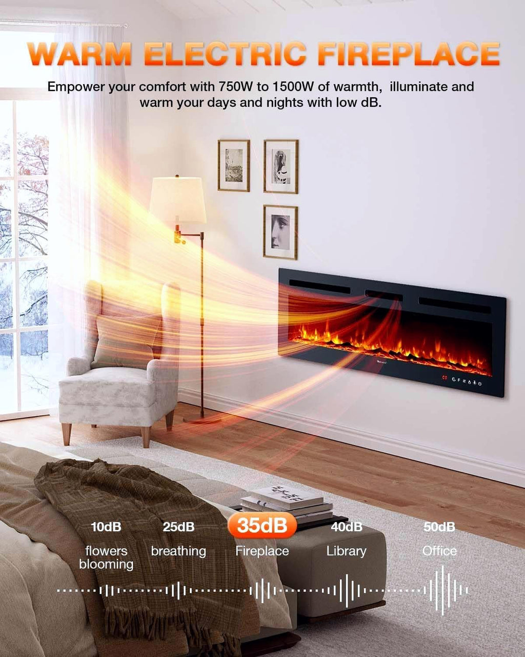 Electric Fireplace 60Inch,Wall Mounted Electric Fireplace Heater with Timer Inserts，TV Stand Touch Screen and Realistic Flame,Log Set,Crystal Flames 750 to 1500W，Remote for Living Room wourant