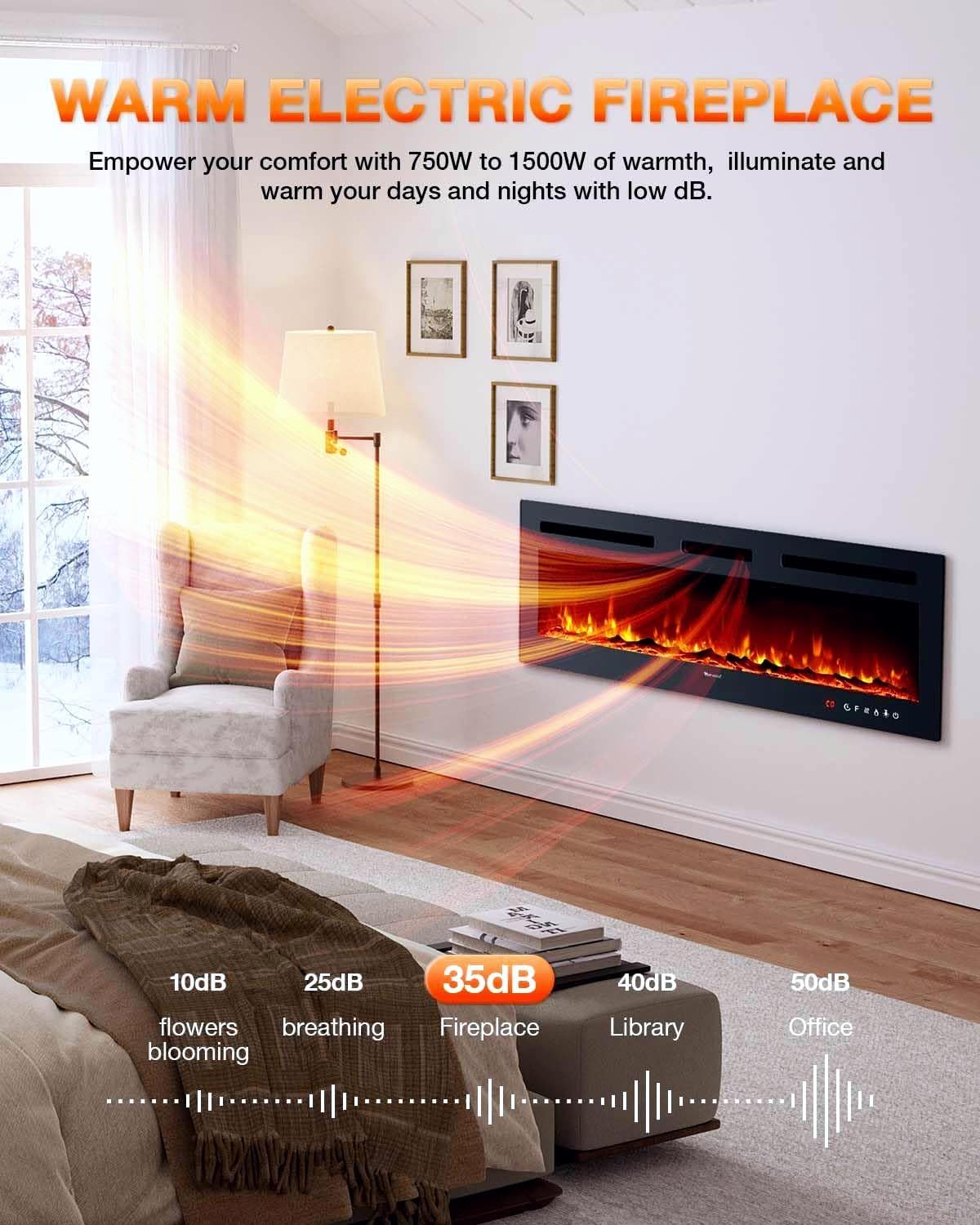 Electric Fireplace 60Inch,Wall Mounted Electric Fireplace Heater with Timer Inserts，TV Stand Touch Screen and Realistic Flame,Log Set,Crystal Flames 750 to 1500W，Remote for Living Room wourant