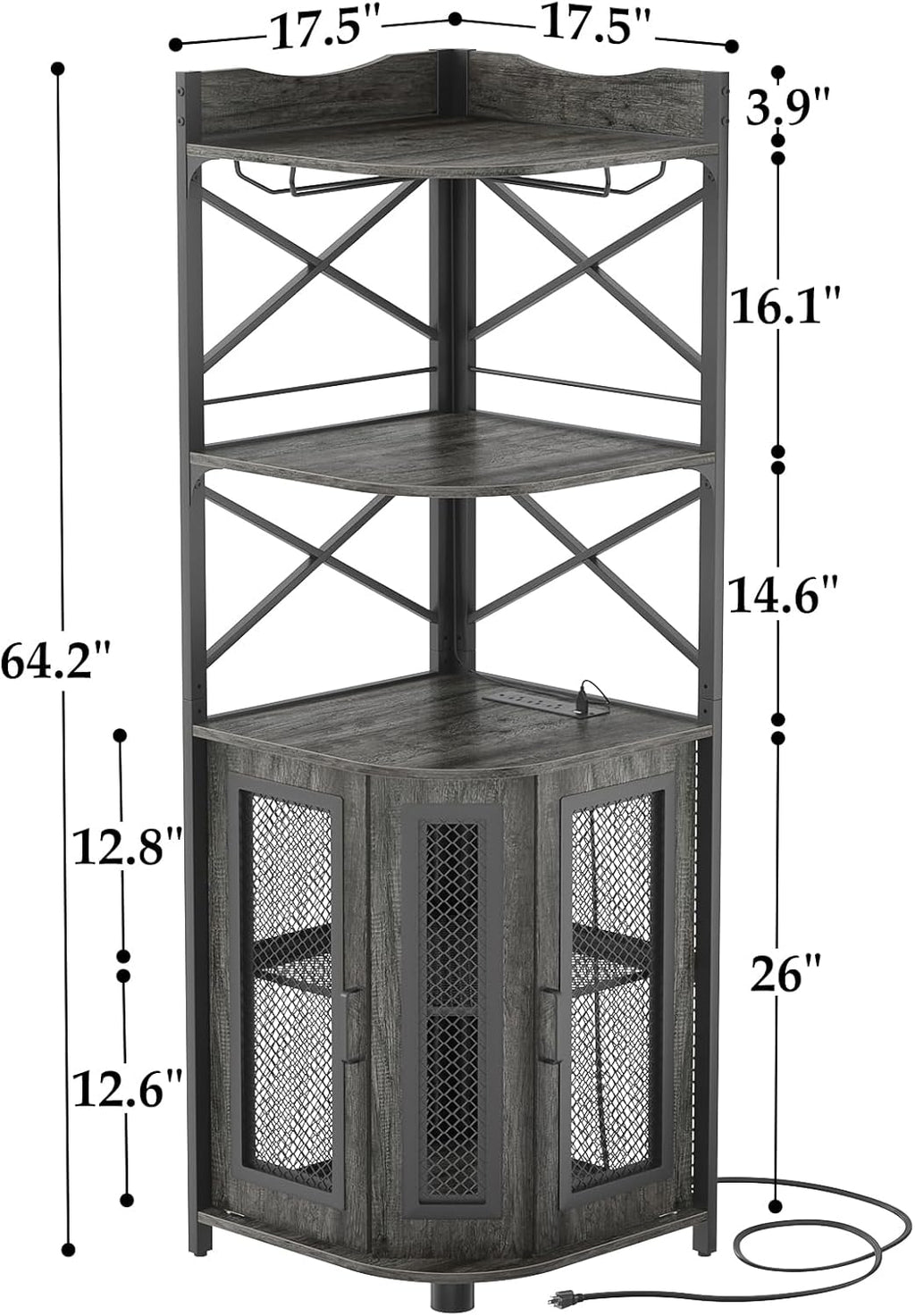 Corner bar cabinet with power socket, industrial style wine cabinet with LED light strip and glass rack, home five-layer wine cabinet bar unit, small space corner display cabinet wourant