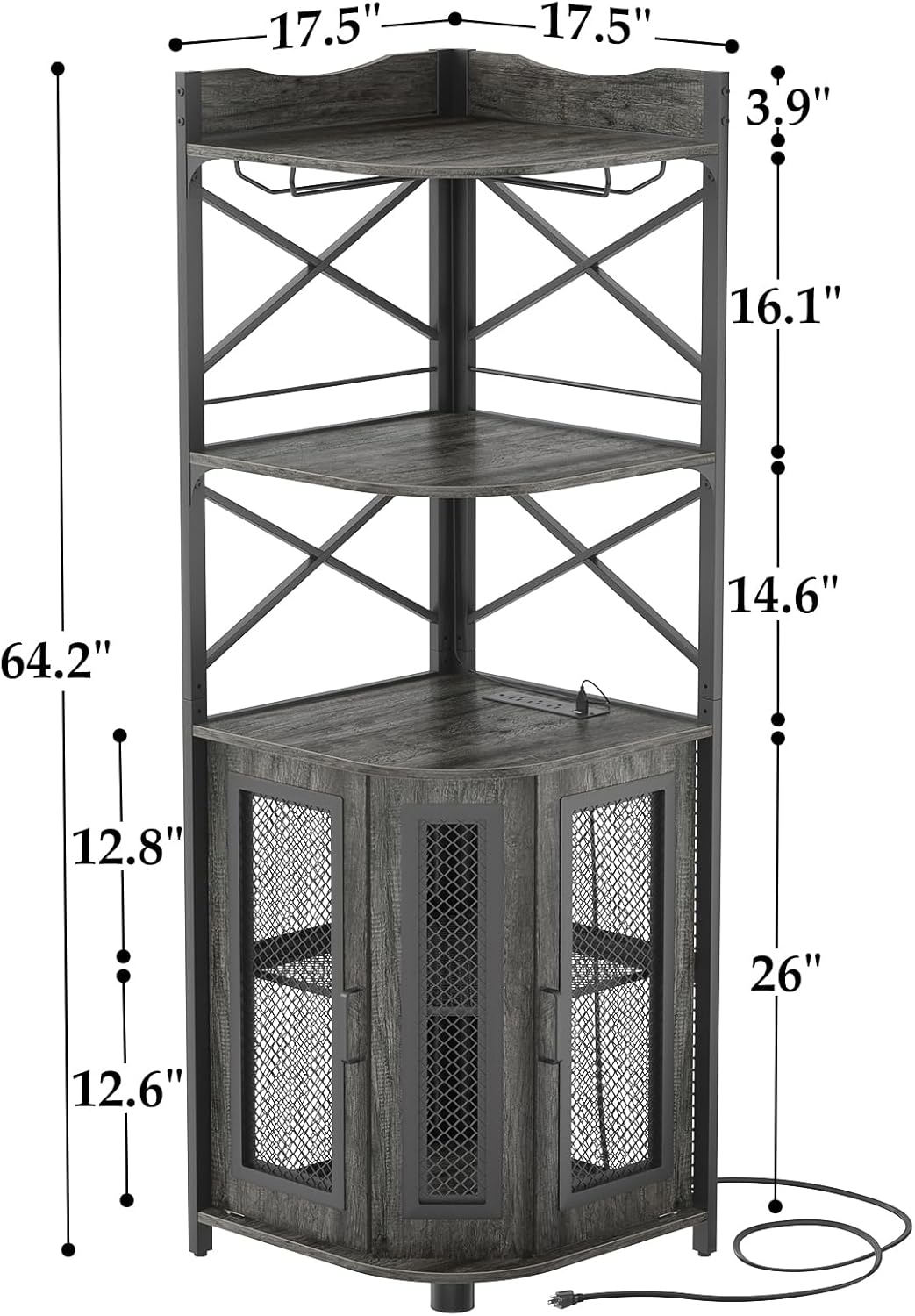 Corner bar cabinet with power socket, industrial style wine cabinet with LED light strip and glass rack, home five-layer wine cabinet bar unit, small space corner display cabinet wourant