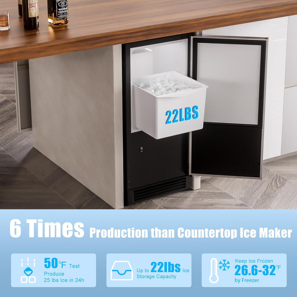 COTLIN 15" W Drainless Under Counter Ice Maker with 22LBS Storage Bin, Crescent Ice, Free Standing Built-in Ice Maker for Residential Commercial Use, No Drain Required, ETL Approved, 2025 Upgraded wourant