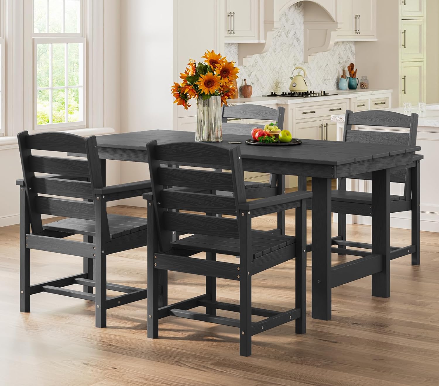 Outdoor HDPE Dining Table Set, 7-Piece Outdoor Dining Table Sets with Umbrella Hole Cut-Out Table and 6 Chairs wourant