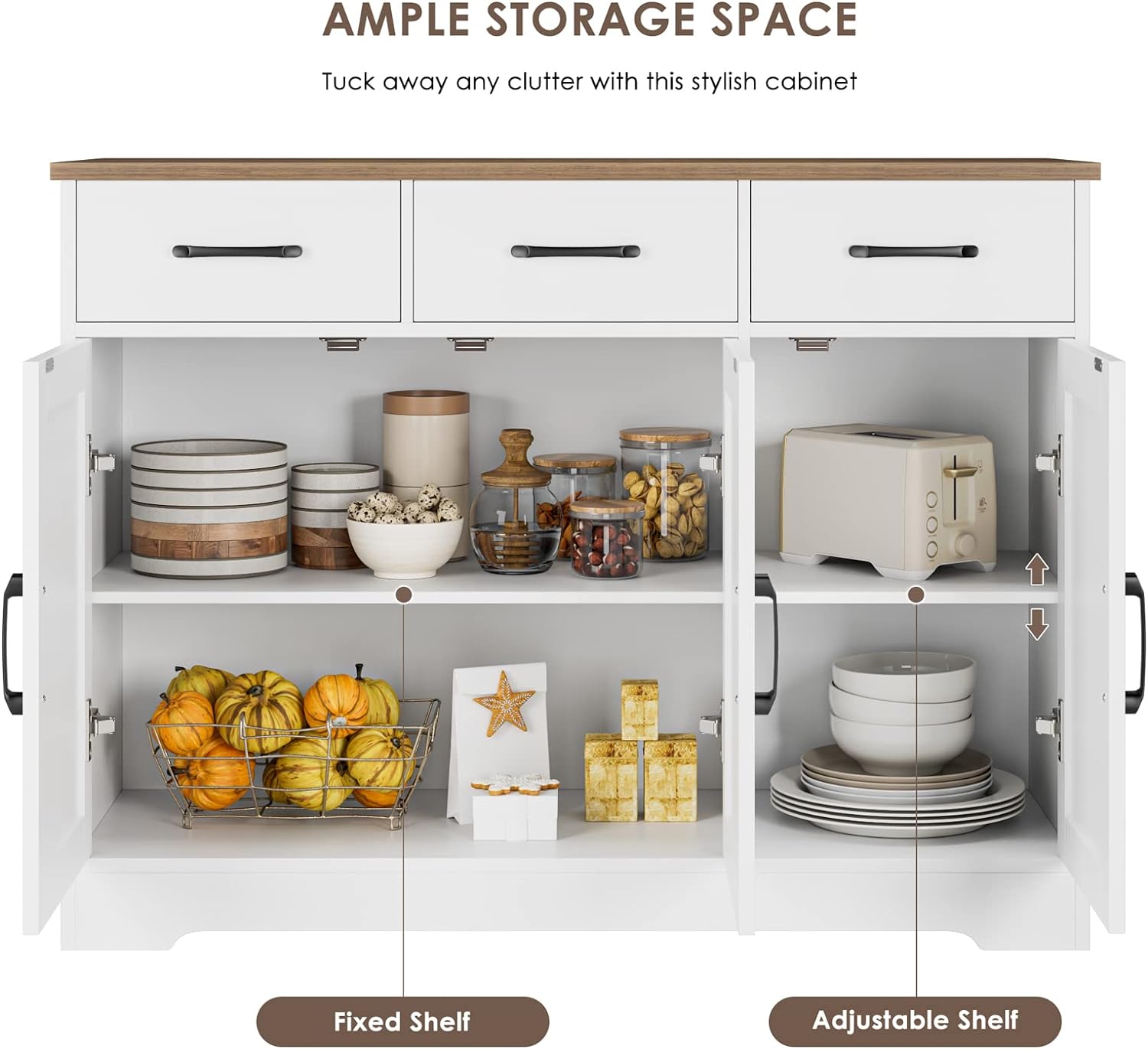 Modern farmhouse sideboard, barn door buffet storage cabinet with drawers and shelves, wooden coffee bar with storage wourant