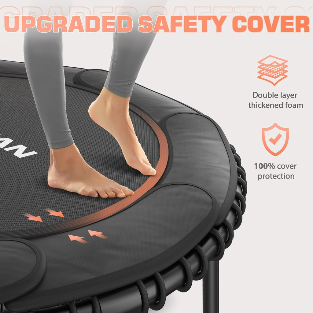 BCAN 450/550 LBS Foldable Mini Trampoline, 40"/48" Fitness Trampoline with Bungees, U Shape Adjustable Foam Handle, Stable & Quiet Exercise Rebounder for Adults Indoor/Outdoor Workout wourant