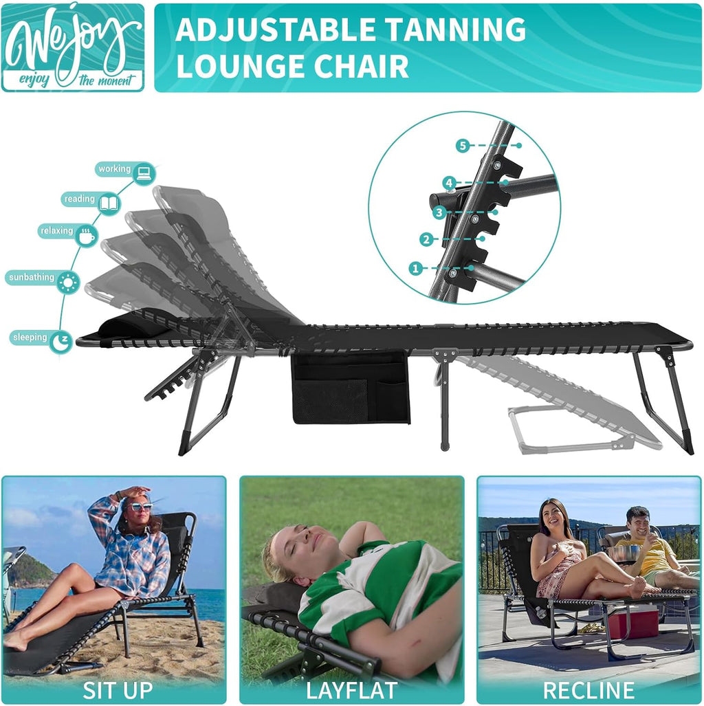 2 Pack Outdoor Chaise Lounge Chair - Portable Folding Patio Pool Lounge Chair, 5 Positions Adjustable Reclining Camping Chair with Side Table,Shoulder Strap, Pillow for Beach Sunbathing Lawn wourant