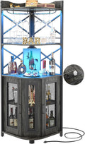 Aheaplus Corner Bar Cabinet with Power Outlet, Industrial Wine Cabinet with LED Strip and Glass Holder, 5-Tiers Liquor Cabinet Bar Unit for Home, Corner Display Cabinet for Small Space, White Oak wourant