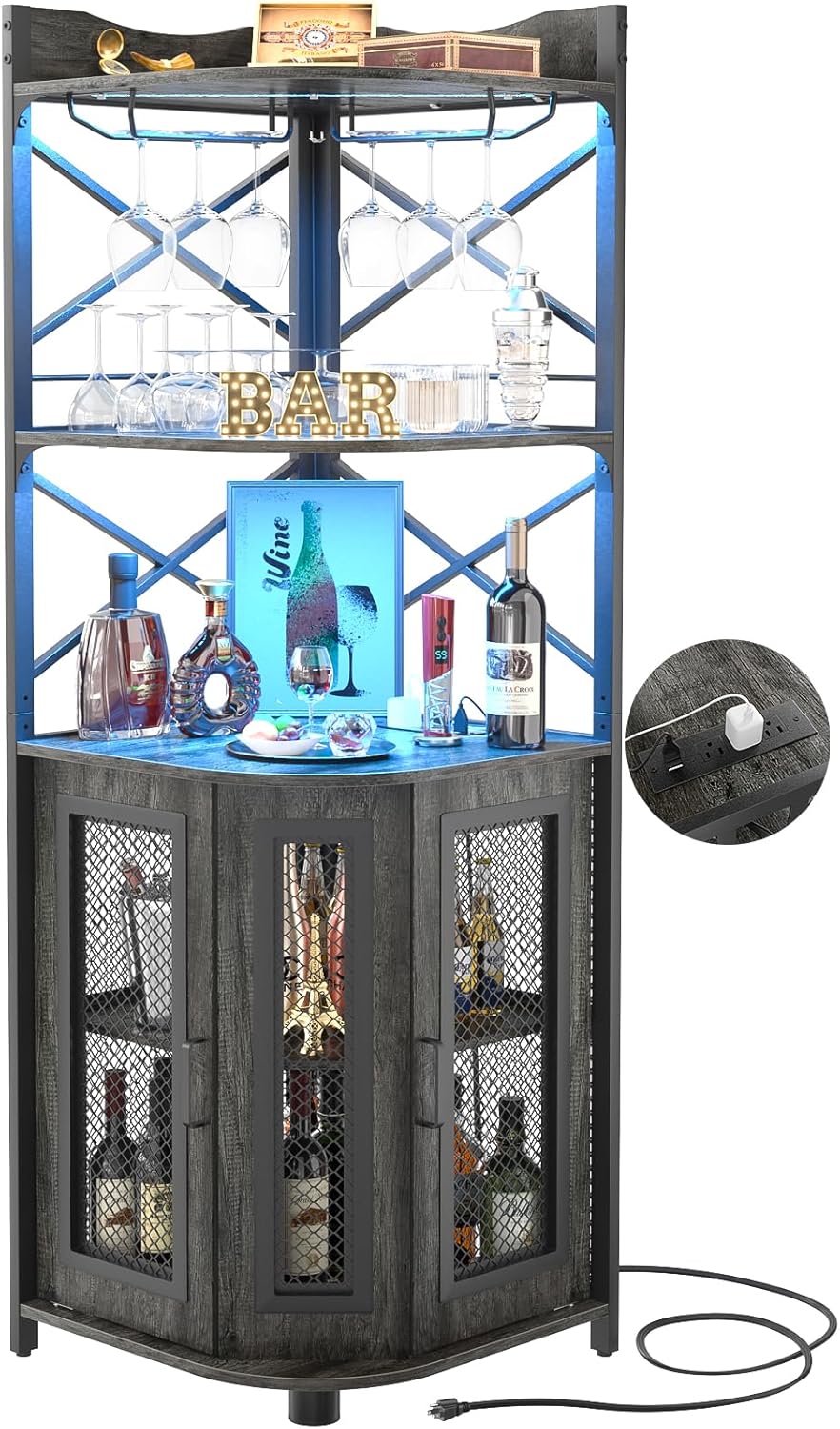 Aheaplus Corner Bar Cabinet with Power Outlet, Industrial Wine Cabinet with LED Strip and Glass Holder, 5-Tiers Liquor Cabinet Bar Unit for Home, Corner Display Cabinet for Small Space, White Oak wourant