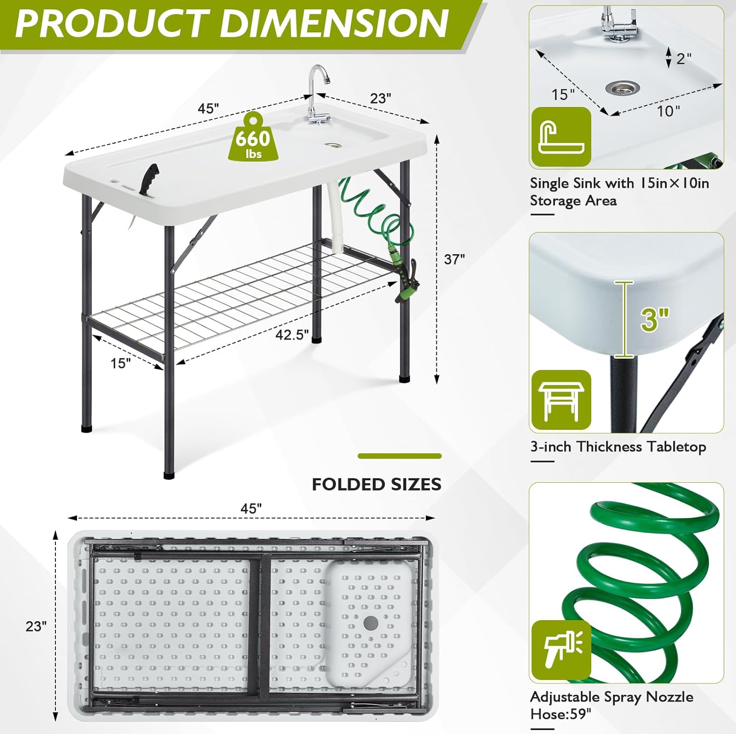 Folding Fish Cleaning Table Portable Camping Sink Table with Faucet Drain Hose and Sprayer Outdoor Fish Fillet Cleaning Station wourant