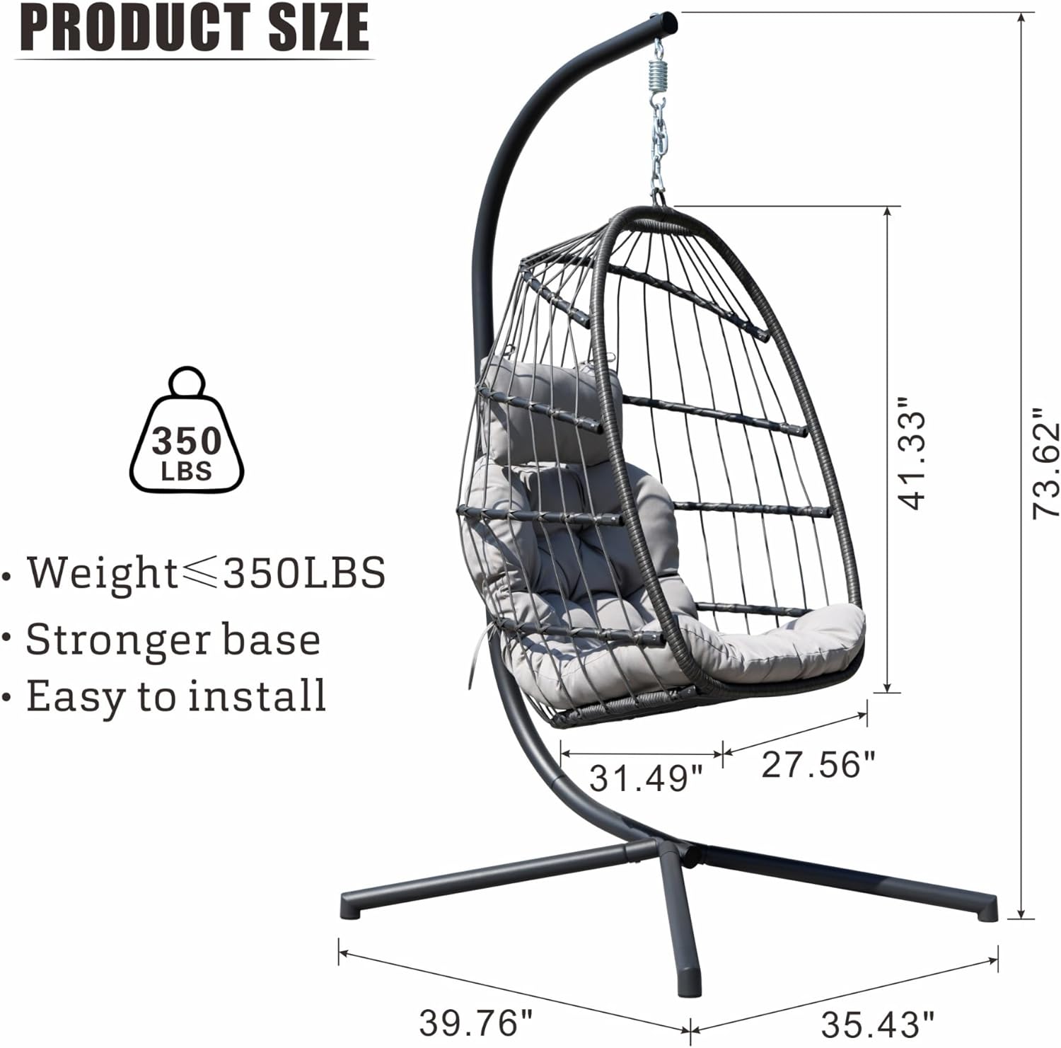 HWB Hanging Egg Chair Patio Wicker Hammock Egg Swing Chair with Cushion for Bedroom wourant