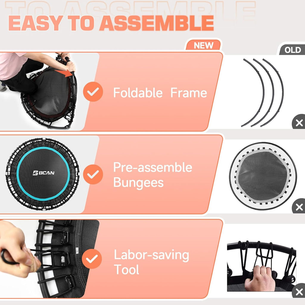 BCAN 450/550 LBS Foldable Mini Trampoline, 40"/48" Fitness Trampoline with Bungees, U Shape Adjustable Foam Handle, Stable & Quiet Exercise Rebounder for Adults Indoor/Outdoor Workout wourant