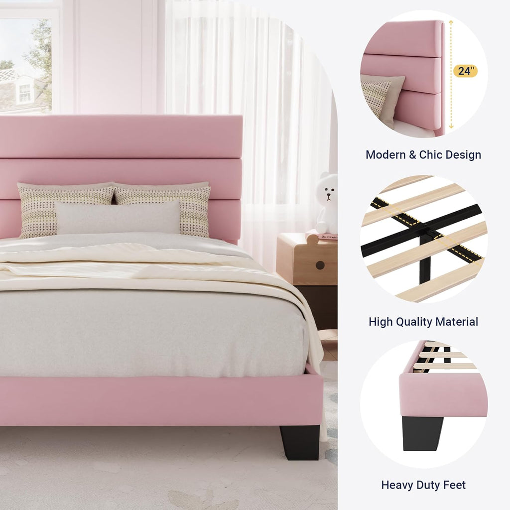 Allewie Queen Size Platform Bed Frame Fabric Upholstered Headboard Wooden Slats Support wourant