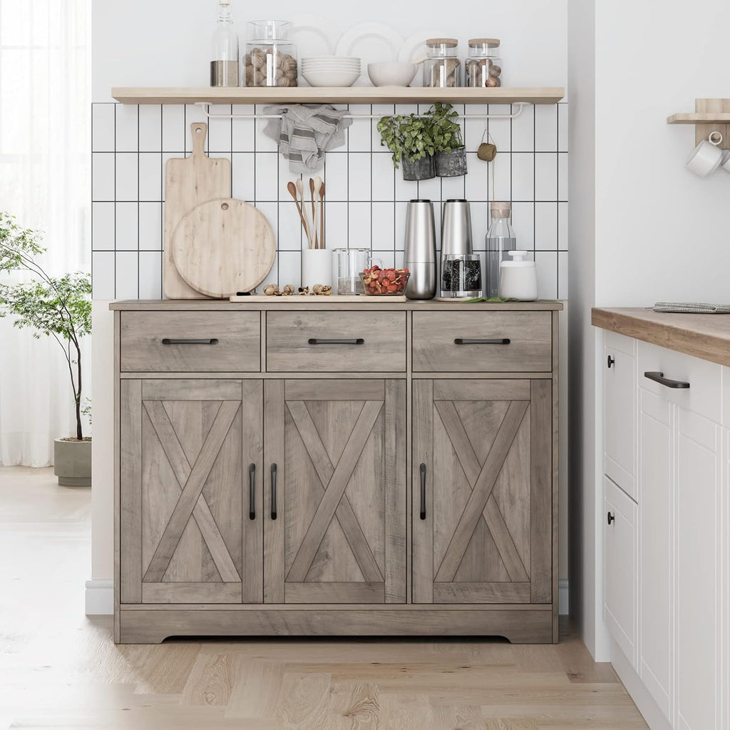 Modern farmhouse sideboard, barn door buffet storage cabinet with drawers and shelves, wooden coffee bar with storage wourant