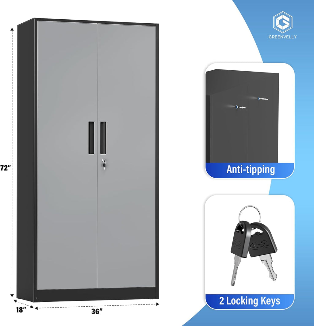 Greenvelly Metal Storage Cabinet, 72" Black Locking Metal Cabinet with 2 Doors and 4 Adjustable Shelves, Lockable Garage Storage Cabinets for Home Office, Garage, Kitchen, Living Room wourant