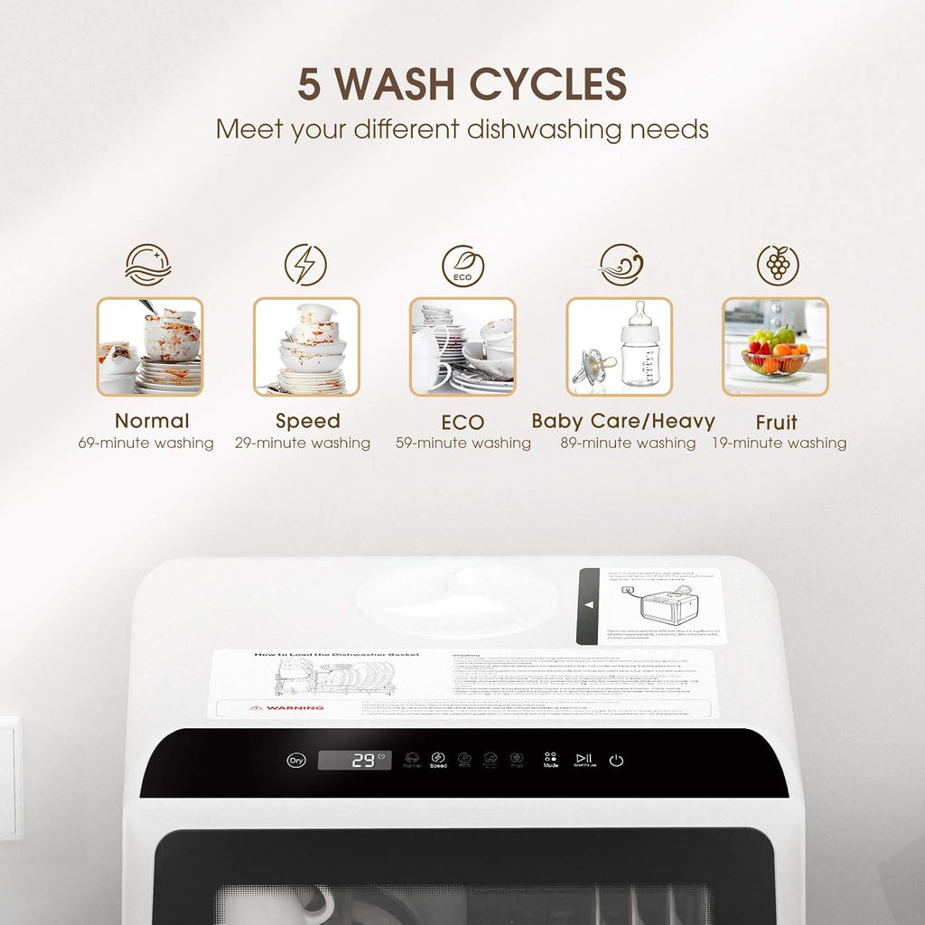 NOVETE Portable Countertop Dishwashers, Compact Dishwashers with 5 L Built-in Water Tank & Inlet Hose, 5 Washing Programs, Baby Care, Air-Dry Function and LED Light for Small Apartments wourant