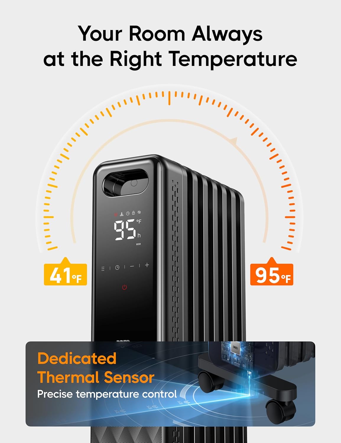 Indoor electric radiant heater with overheat and tip-over protection, digital thermostat, oil-filled radiator wourant