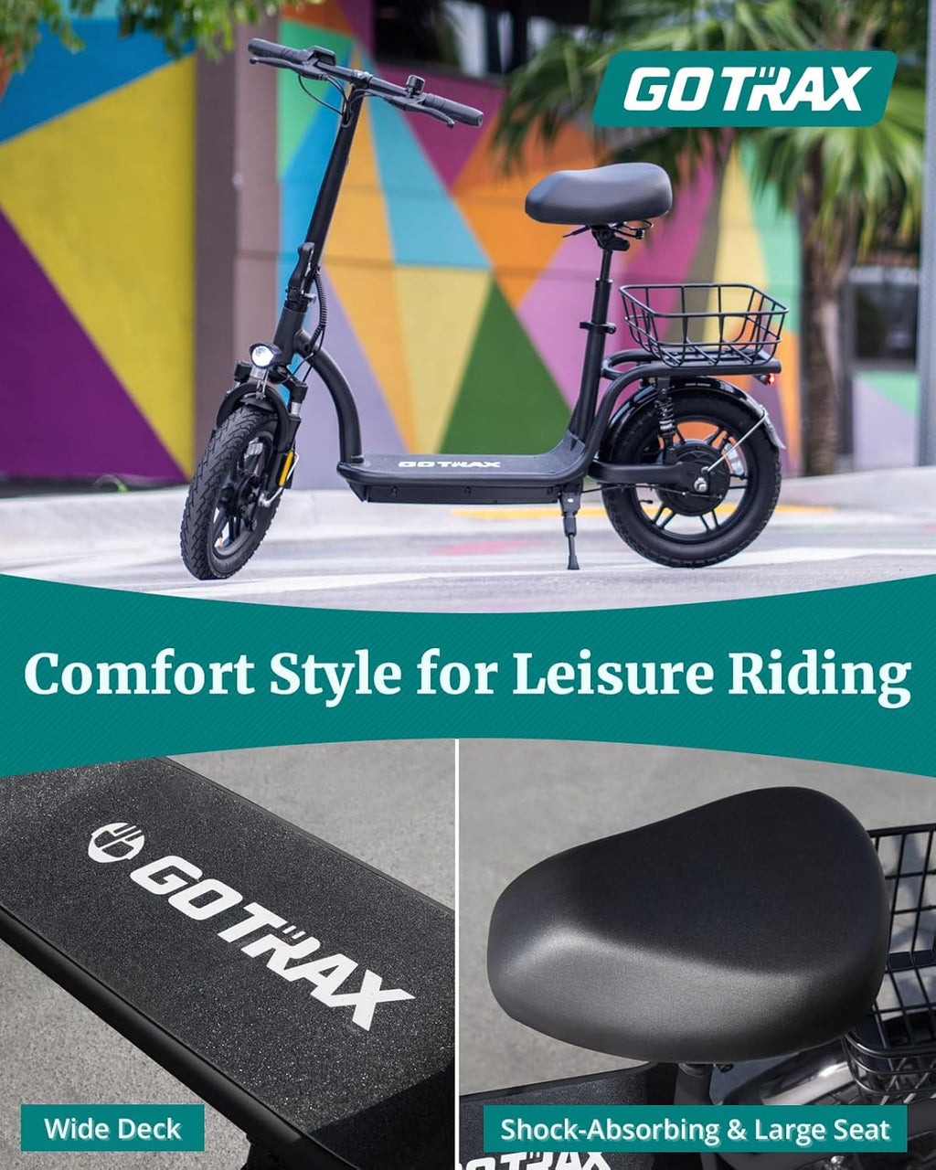 Gotrax adult electric scooter with seat, maximum range of 19-25 miles, all-terrain tires, wide pedals, padded seat, and carrycot wourant