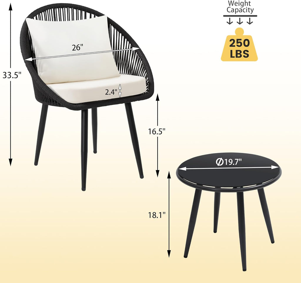 3 Piece Bistro Set, Woven Rope Chair with Cushions, All Weather Patio Conversation Set with Side Table, Ideal for Deck, Balcony, Poolside, Black wourant