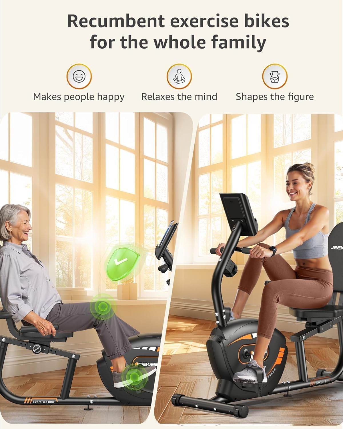 JEEKEE Recumbent Exercise Bike for Adults Seniors - Indoor Magnetic Cycling Fitness Equipment for Home Workout Black wourant