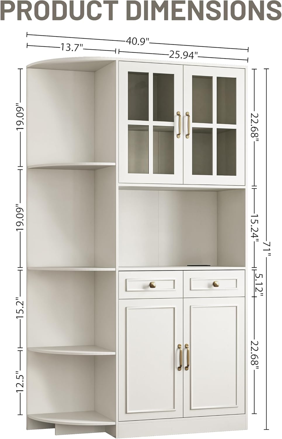 Kitchen Hutch Pantry Cabinet 71" Tall with Glass Doors wourant
