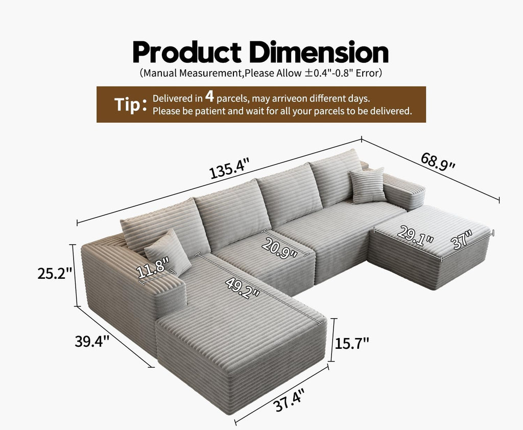 107.5" Cloud Modular Sectional Sofa Couch with L-Shape Chaise,Modern Minimalist Upholstered Couches wourant