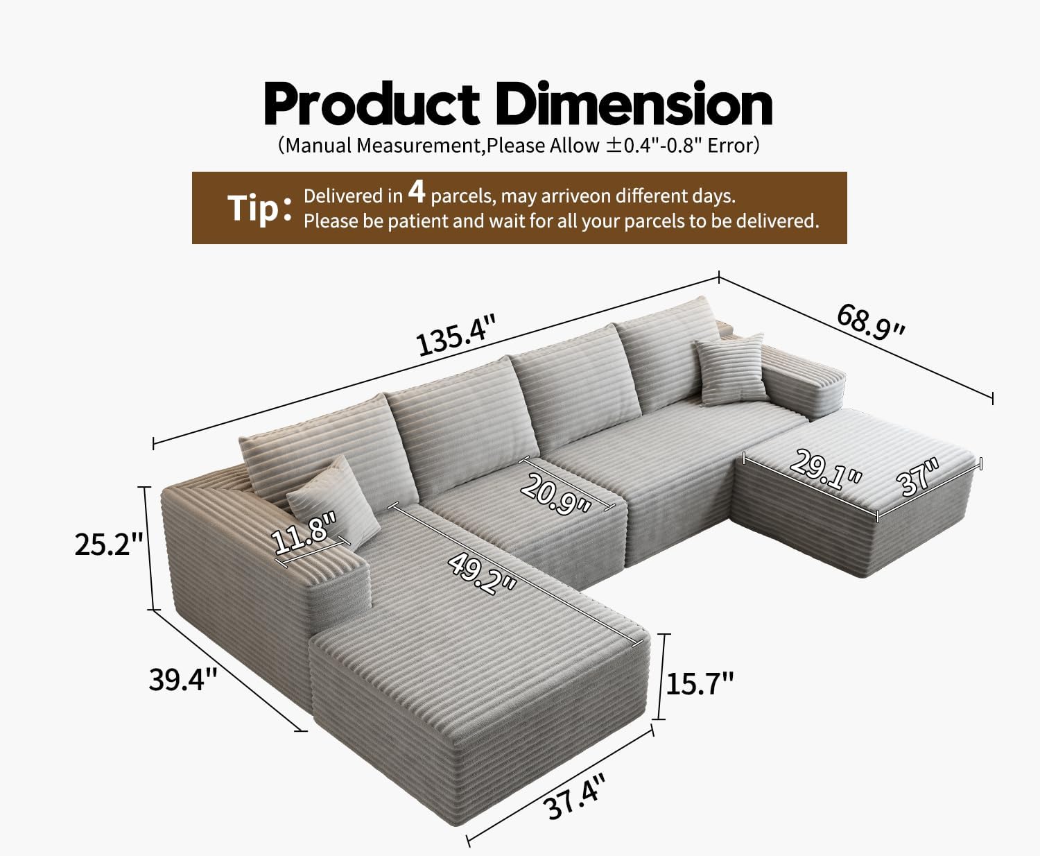 107.5" Cloud Modular Sectional Sofa Couch with L-Shape Chaise,Modern Minimalist Upholstered Couches wourant