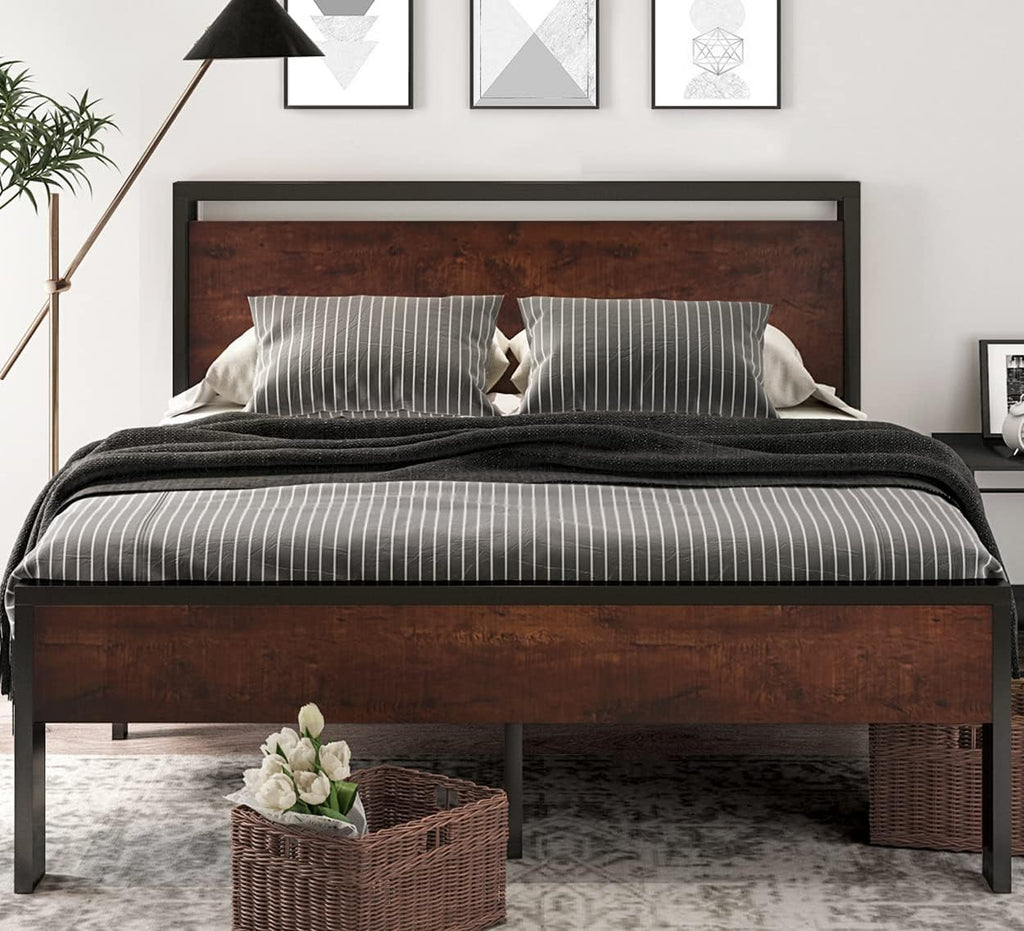 SHA CERLIN 14 Inch Queen Size Metal Platform Bed Frame with Wooden Headboard and Footboard wourant