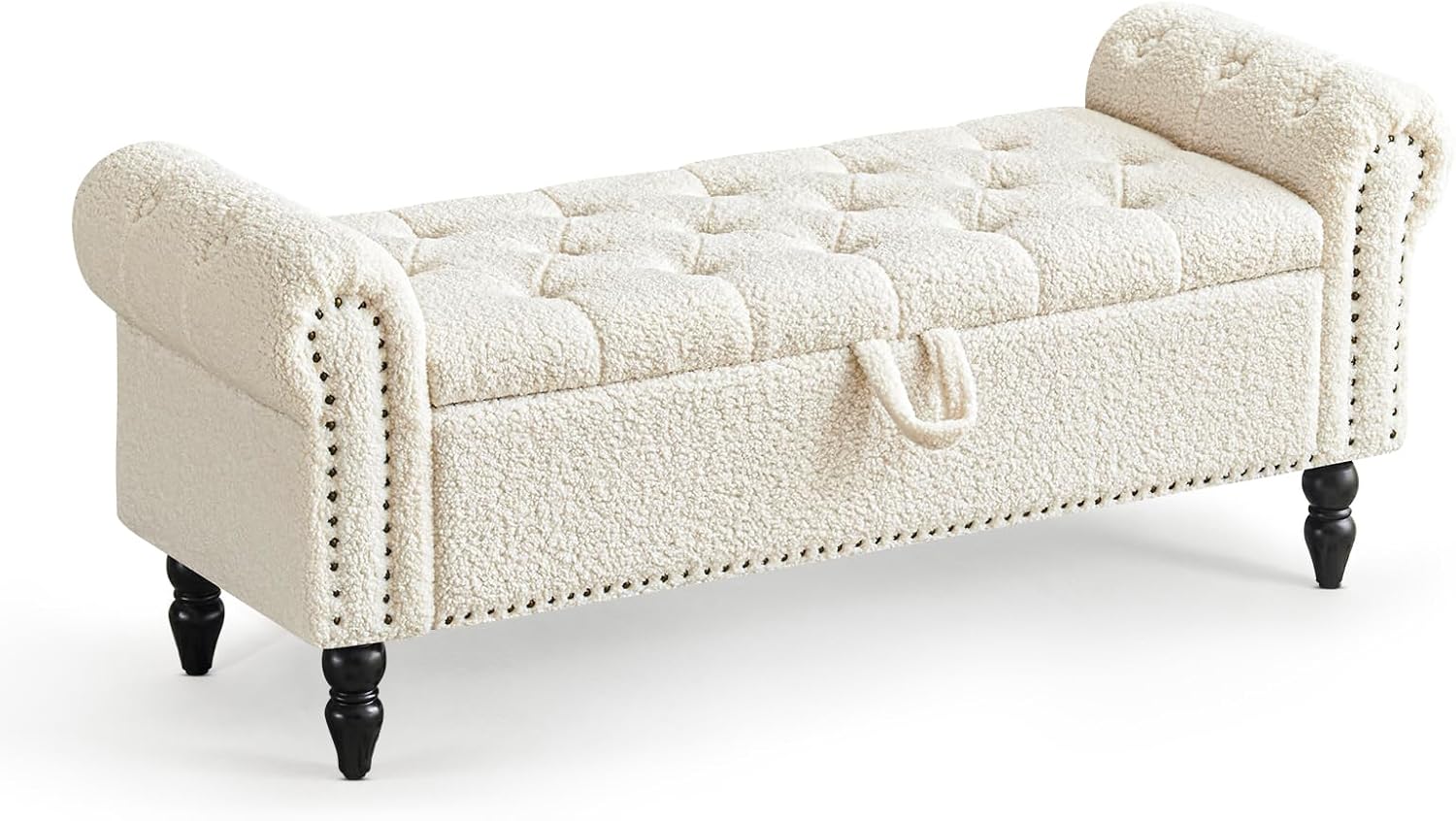 Furniliving Modern Storage Ottoman Bench, Sherpa Ottoman End of Bed Bench with Solid Wood Legs Upholstered Ottoman Benches with Storage Indoor Bench for Living Room with Rolled Arm, Entryway, White wourant