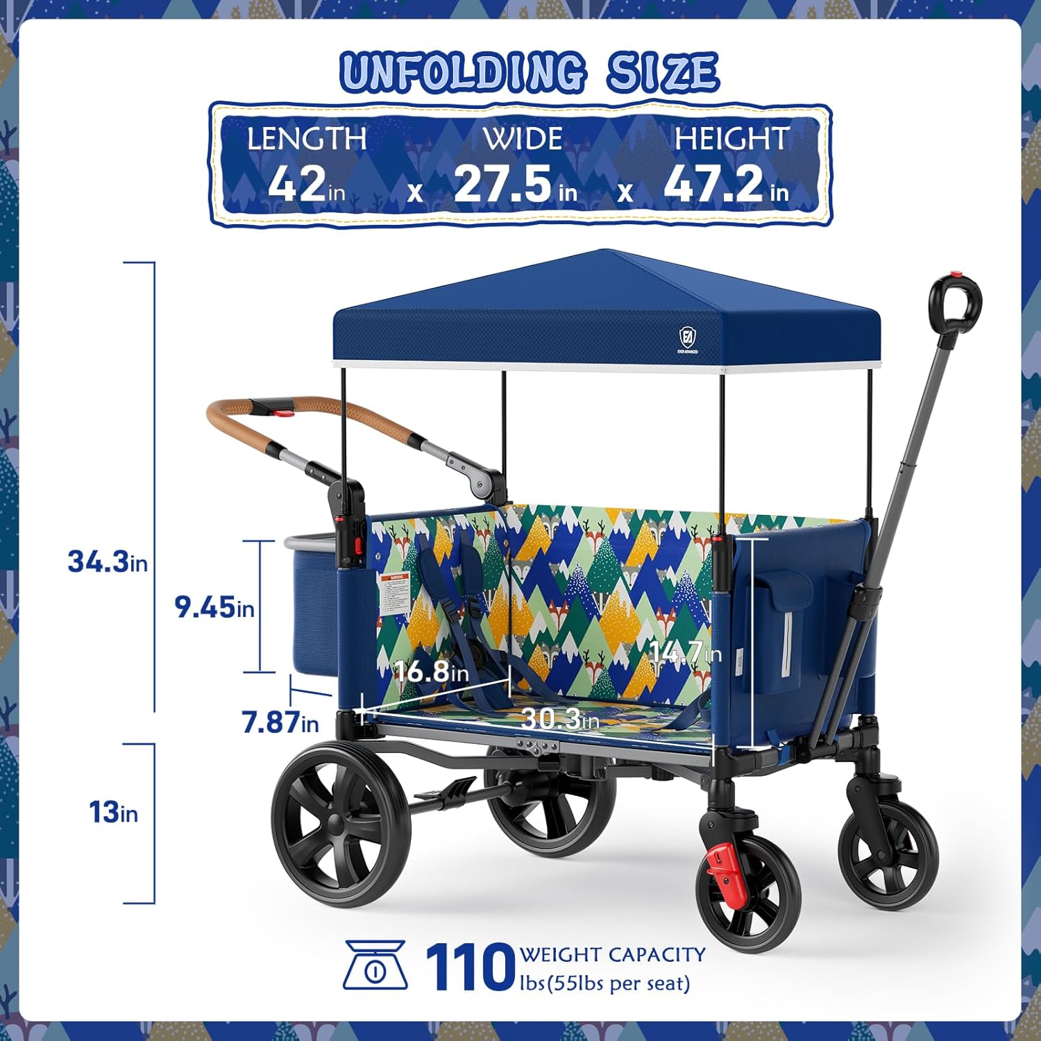 EVER ADVANCED Side-unzip Wagon Stroller for 2 Kids, Push Pull Stroller with Adjustable Handle, Easy Access Front Zipper Door, 5-Point Harness Removable UV-Protection Canopy Shock-Absorbing Wheels,Grey wourant