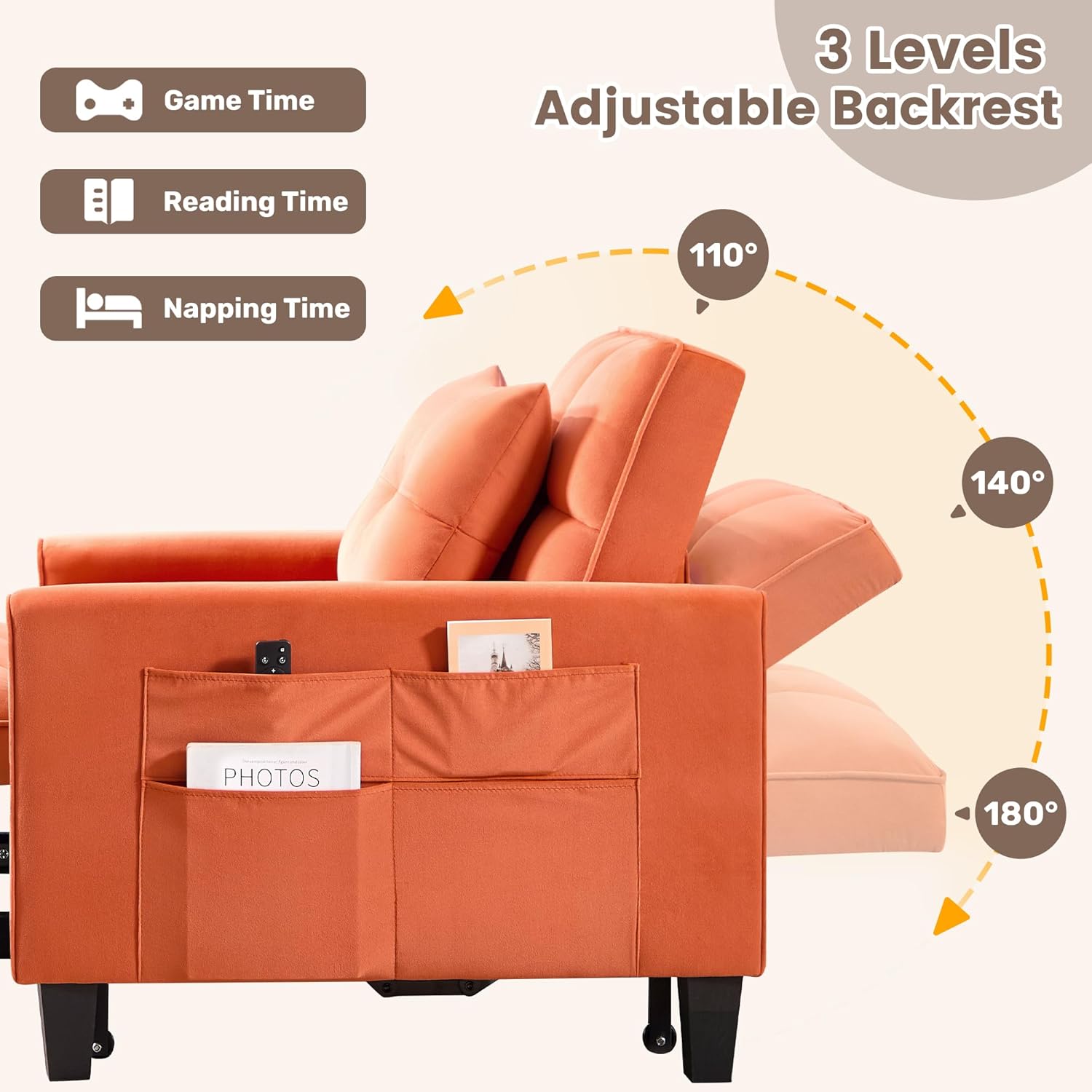Convertible Sleeper Chair, 3 in 1 Sleeper Chair Bed Pull Out Sofa Bed Chairs, Velvet Single Sofa with Adjustable Backrest wourant