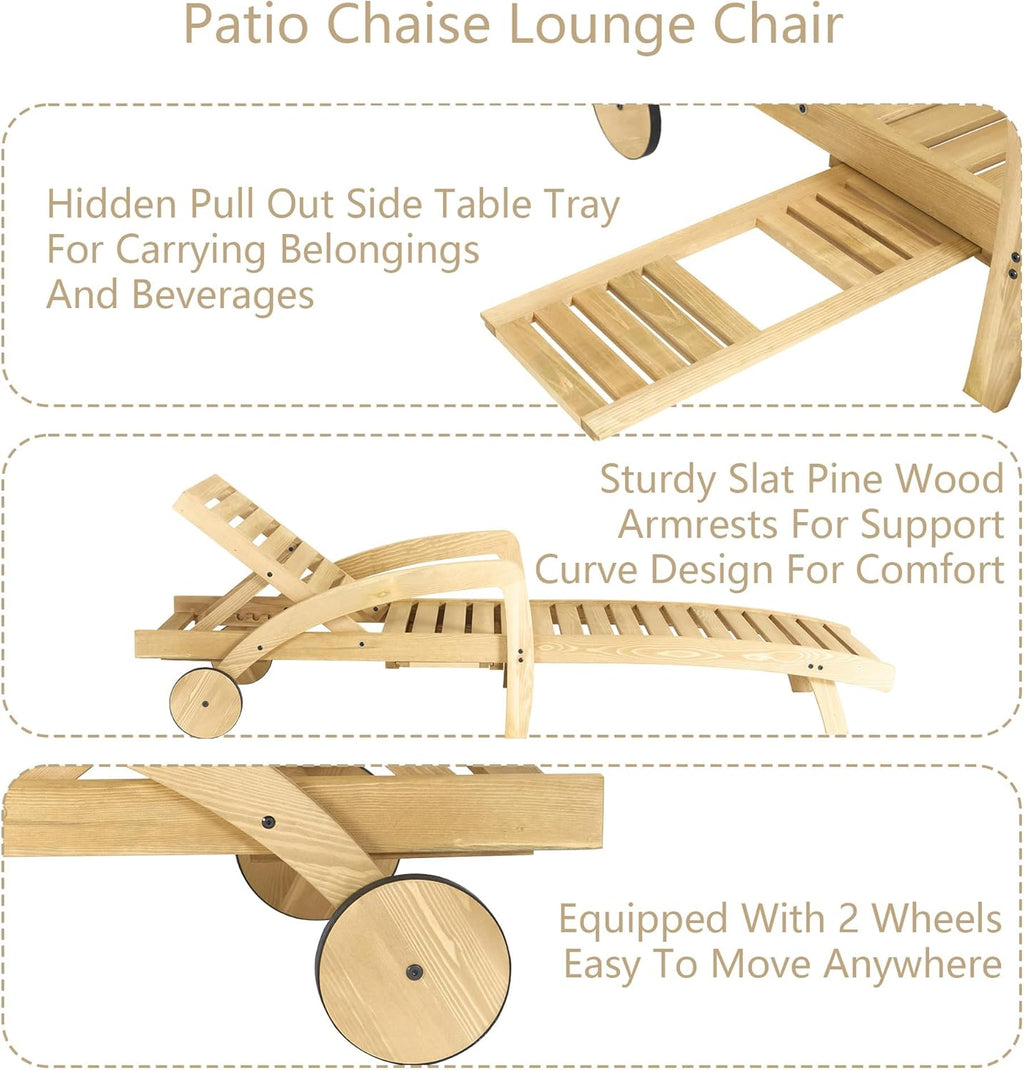 Pool Chaise Lounge Chairs Set of 4 5-Position Adjustable Outdoor Patio Lounge Chairs Wood Reclining Chaise Lounger Chair with Pullout Side Table wourant