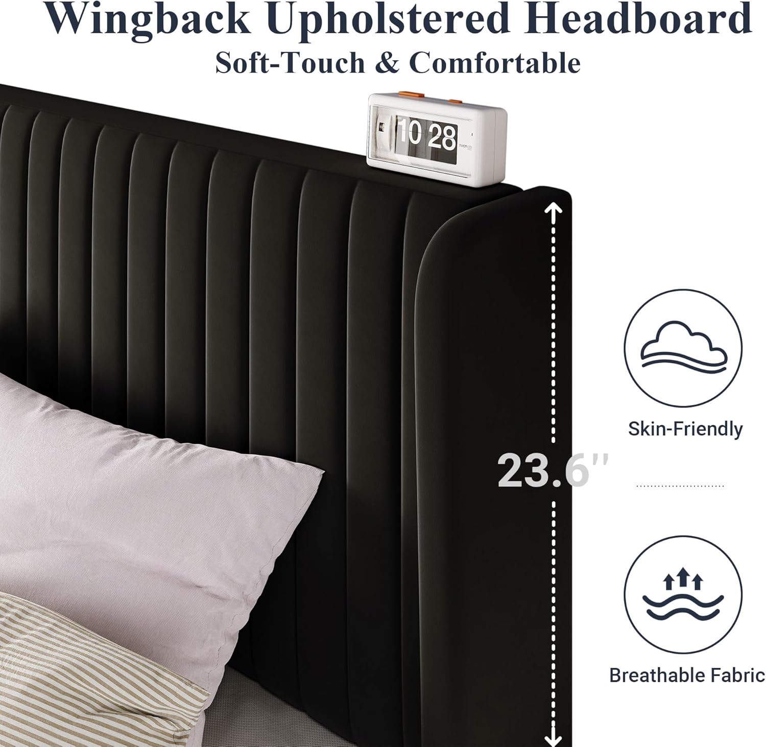 Allewie Full Size Velvet Bed Frame Vertical Channel Tufted Wingback Headboard Upholstered Bed wourant
