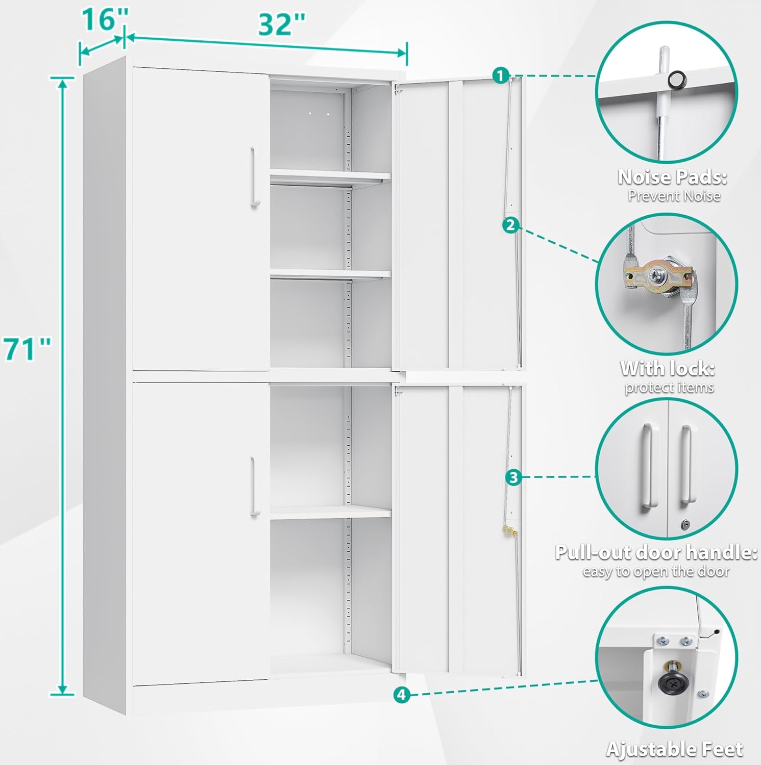 Metal Storage Cabinet with 2 Doors and 6 Shelves, Black Metal Cabinet with Lock, 71 Inch Lockable Garage Storage Cabinet wourant