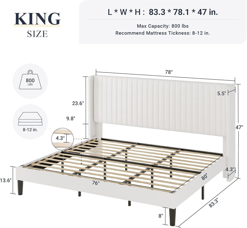Allewie Full Size Velvet Bed Frame Vertical Channel Tufted Wingback Headboard Upholstered Bed wourant