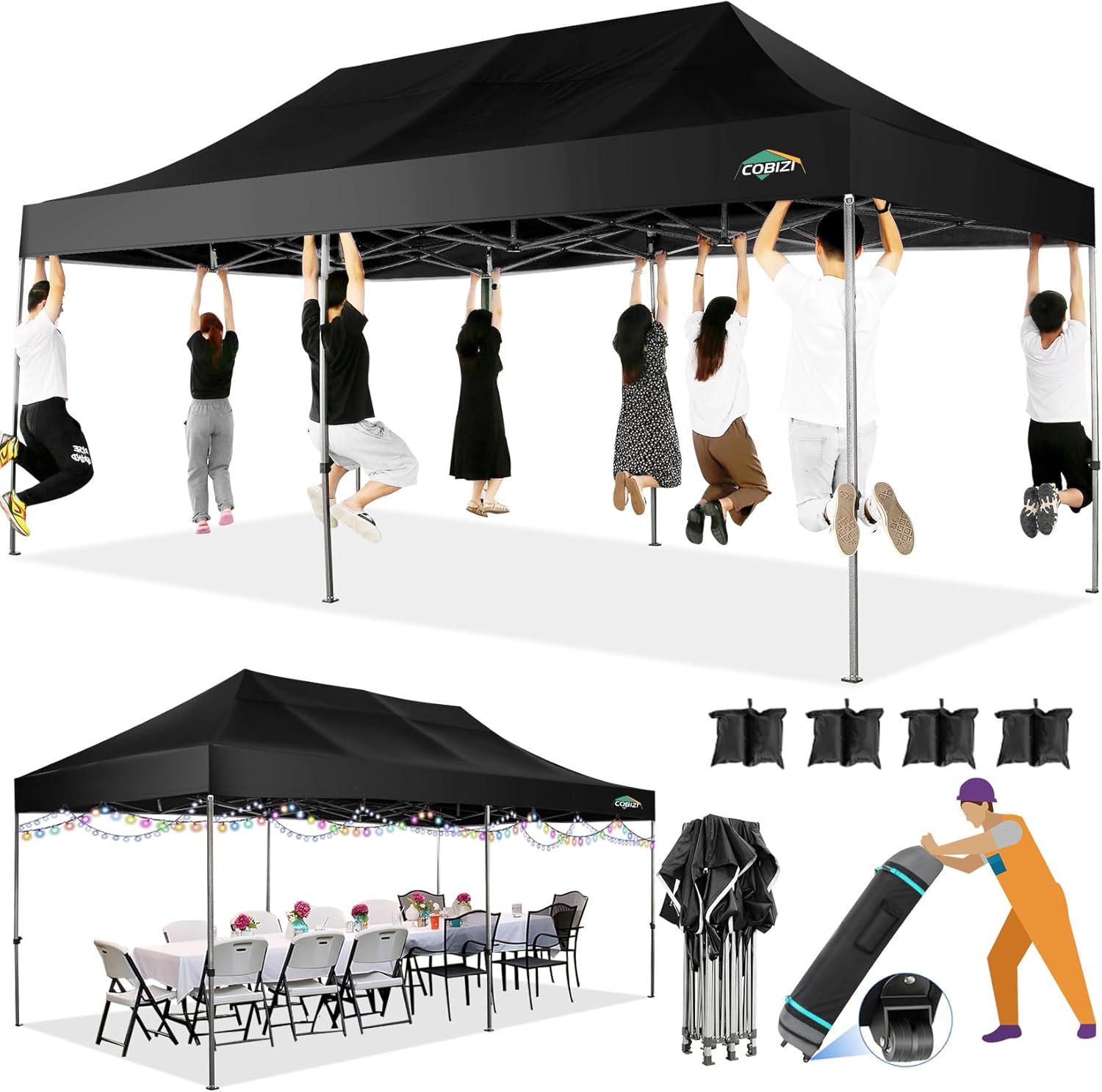 COBIZI 10x20 Heavy Duty Pop up Canopy Tent with 6 sidewalls Easy Up Commercial Outdoor Canopy Wedding Party Tents for Parties All Season Wind & Waterproof Gazebo with Roller Bag,Black(Frame Thickened) wourant