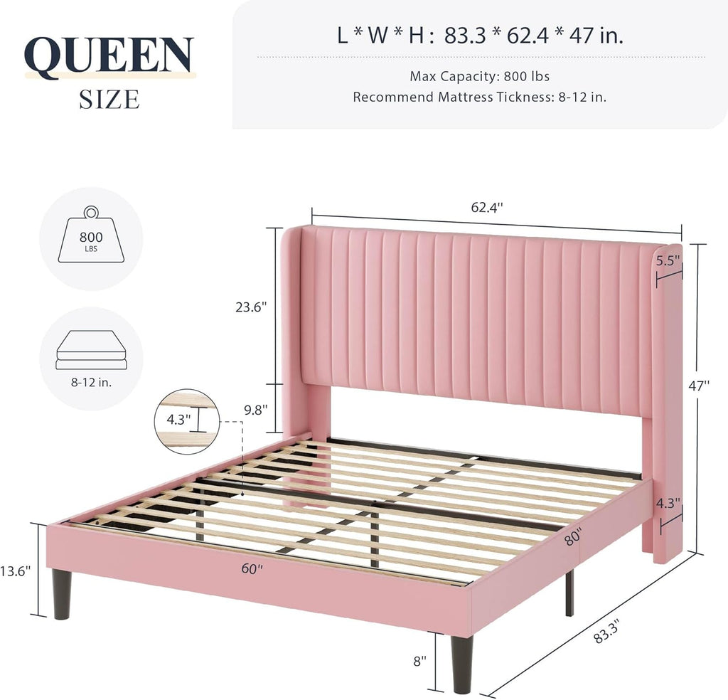 Allewie Full Size Velvet Bed Frame Vertical Channel Tufted Wingback Headboard Upholstered Bed wourant
