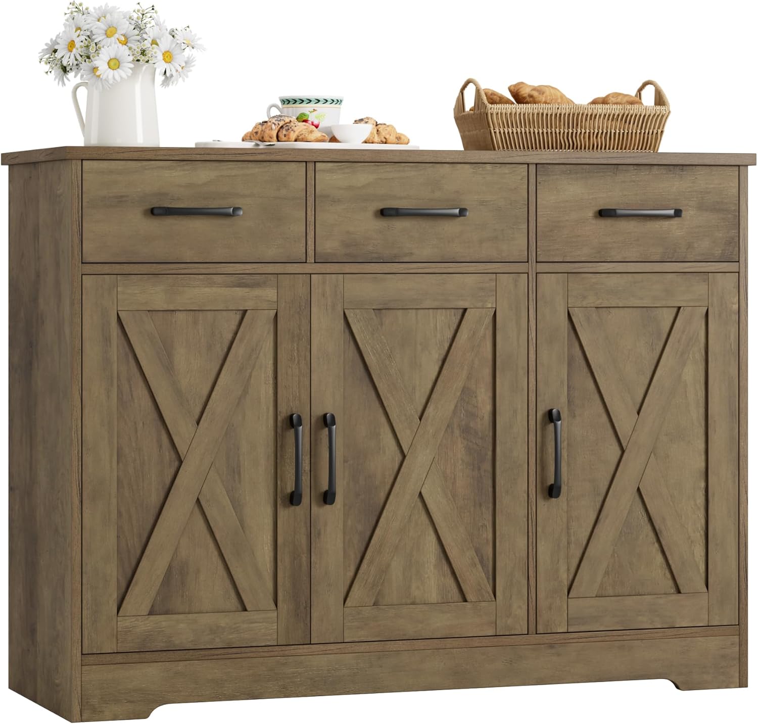 Modern farmhouse sideboard, barn door buffet storage cabinet with drawers and shelves, wooden coffee bar with storage wourant