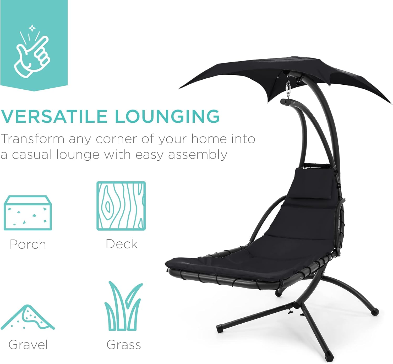Best Choice Products Outdoor Hanging Curved Steel Chaise Lounge Chair Swing w/Built-in Pillow and Removable Canopy - Charcoal Gray wourant