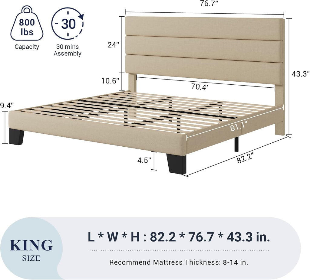 Allewie Queen Size Platform Bed Frame Fabric Upholstered Headboard Wooden Slats Support wourant