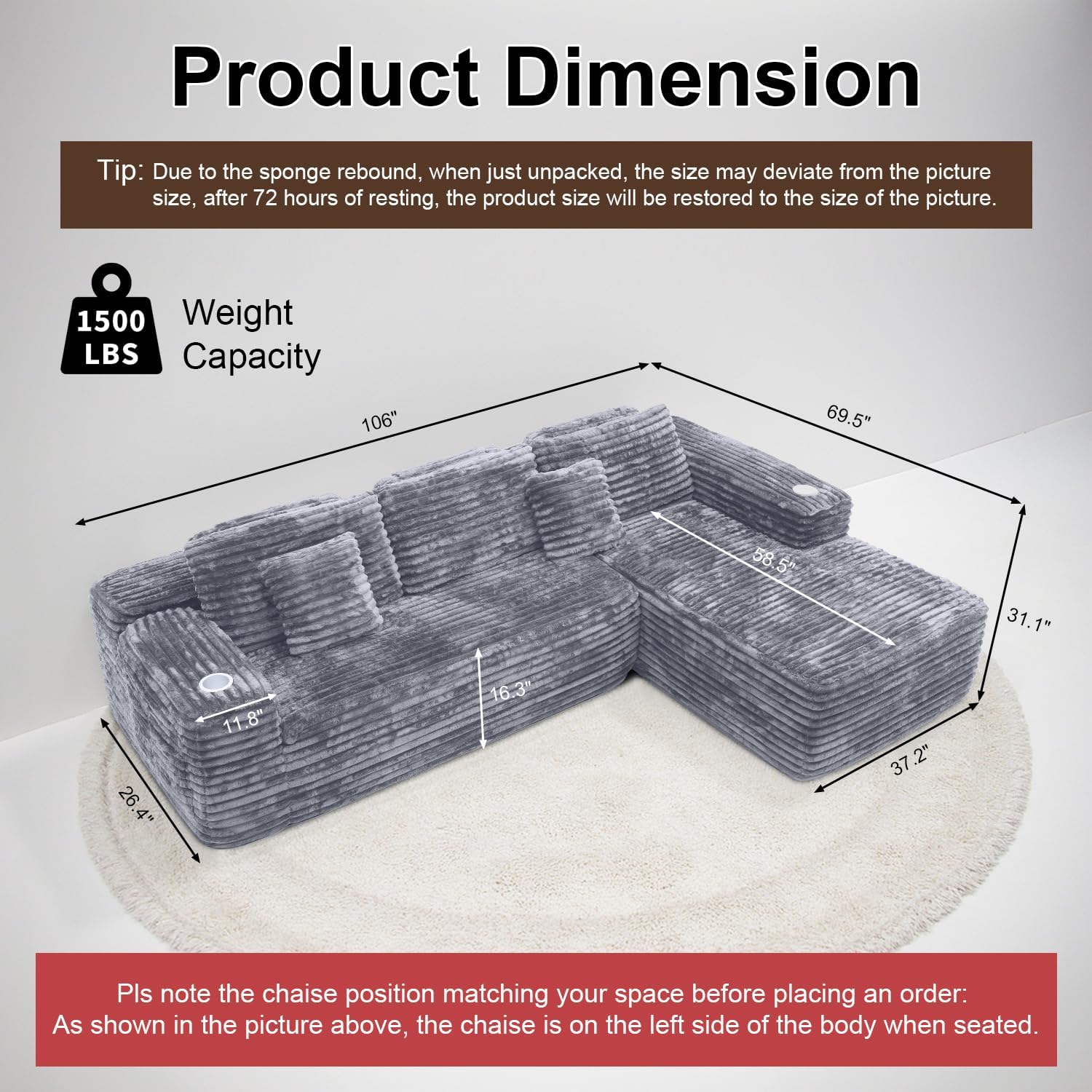 Cloud Sectional Couch with L-Shape Chaise, Modern Modular Sofa with Deep Seat, Built-in Cup Holder & Storage Pocket for Living Room Bedroom, No Assembly Required (Dark Gray, Left Sitting Chaise) wourant