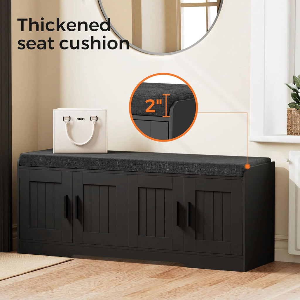 2-Tier Storage Bench, Shoe Bench with Thickened Padded Seat Cushion, Entryway Bench with 4 Doors, Adjustable Shelf, 13.8" D x 45.3" W x 18.5" H, for Entryway, Living Room, Bedroom, White wourant