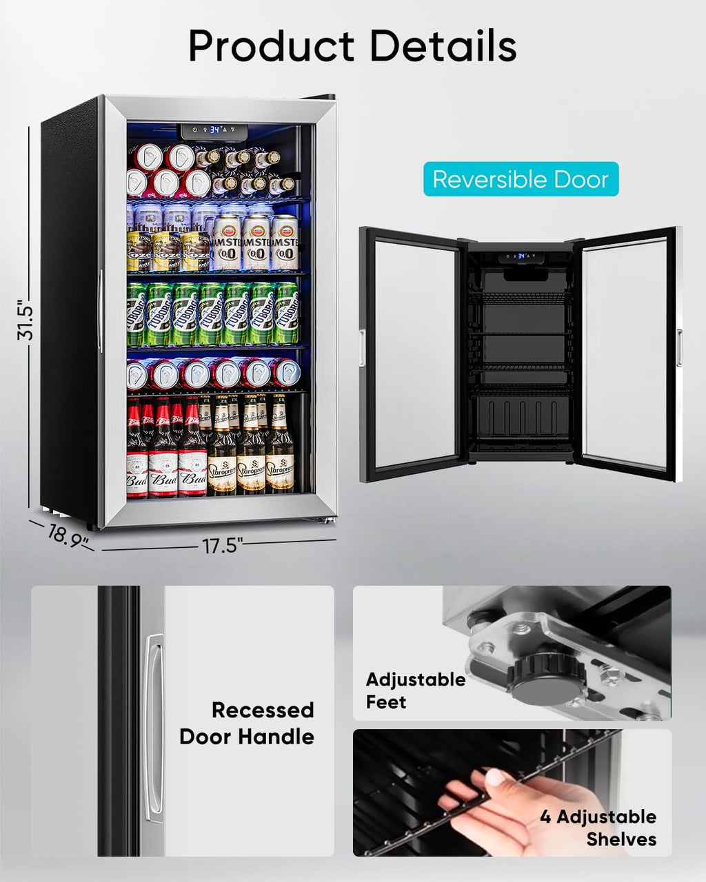 Beverage Refrigerator Cooler - 126 Can Mini Fridge Glass Door for Drinks Soda Beer Wine - Small Refrigerator for Office Bedroom Home Bar, 4 Adjustable Shelves, 3.2 Cu.Ft, Silver wourant
