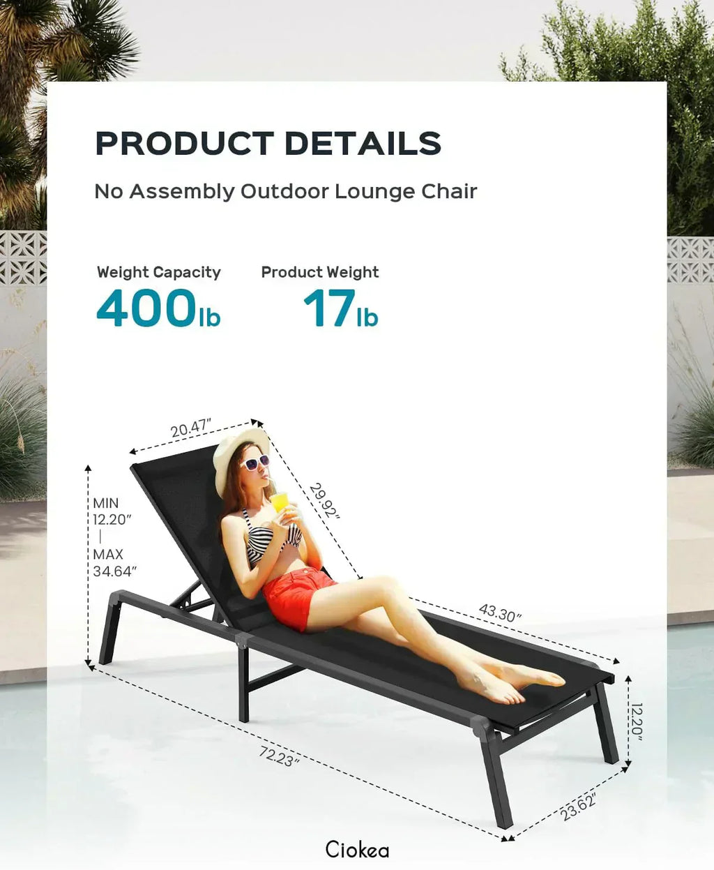 Aluminum Chaise Lounge Outdoor Foldable Assemble Free Outdoor Lounge Chair 5 Adjustable Backrest wourant