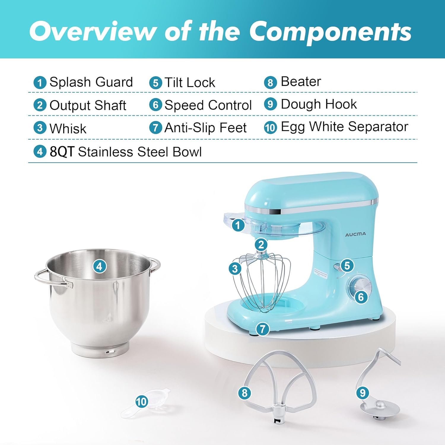 Aucma Stand Mixer,6.5-QT 660W 6-Speed Tilt-Head Food Mixer, Kitchen Electric Mixer with Dough Hook wourant
