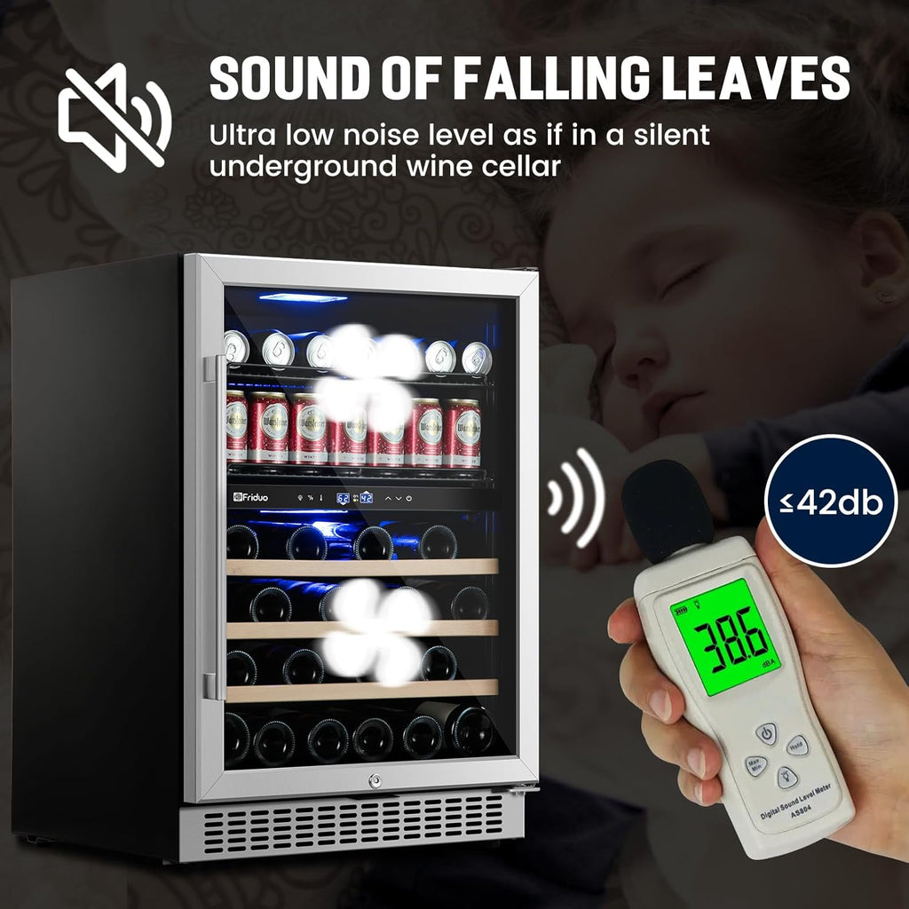 24 inch Dual Zone Beverage Refrigerator, 30 Bottles & 82 Cans Wine Fridge Built-in or Freestanding with Glass Door, Wine and Beverage Refrigerator Cooler for Kitchen Home Bar wourant