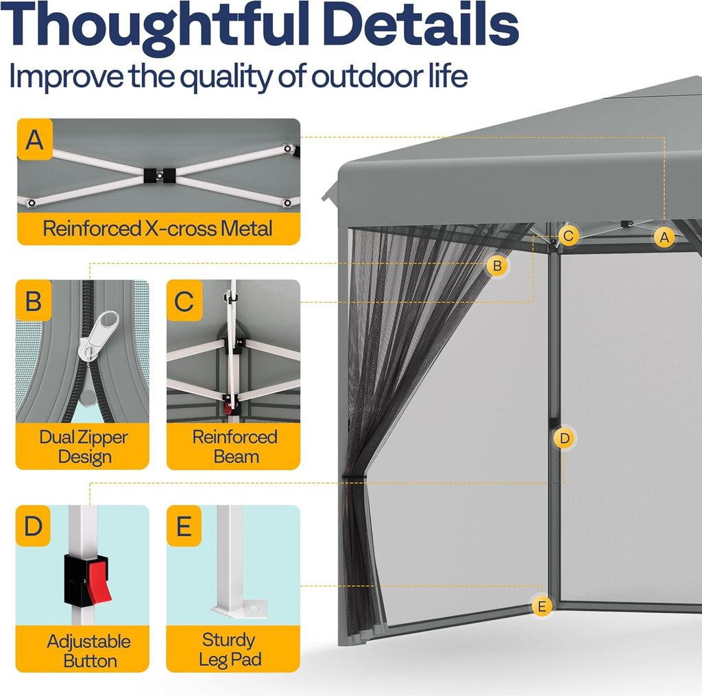 10x10ft Easy Pop-Up Canopy, Outdoor Screen Tent with Mosquito Netting, 2 Zipper Doors, and Roller Bag for Yard Camping Picnic Party Events, Beige wourant